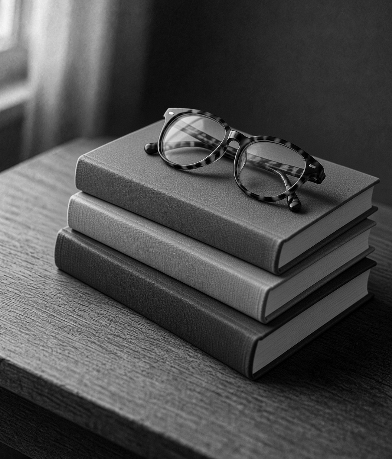 Reading glasses resting on a stack of three hardback books by a window